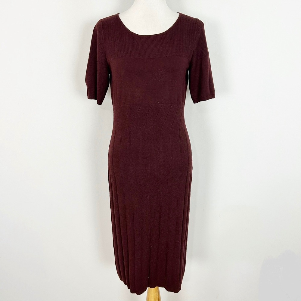 Ann Taylor Sweater Dress Burgundy Ribbed Knit Wool Blend Size Large Women's